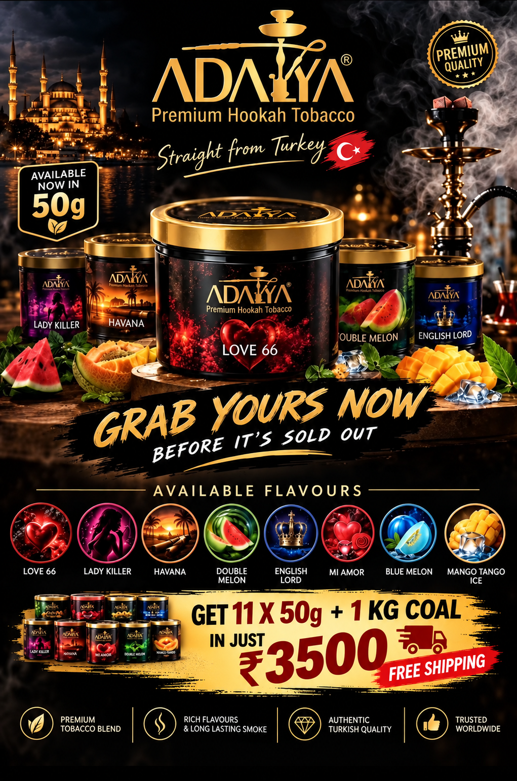 ADAYA Premium Hookah Flavours – 11 × 50g + 1KG Coal Combo